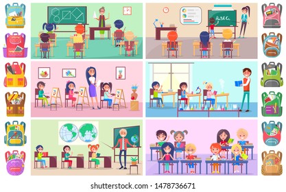 Teacher and pupils in classroom, classmates studying. Backpack sticker, girl and boy sitting at desktop with book, chemistry and language lesson vector. Back to school concept. Flat cartoon