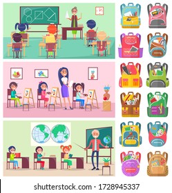 Teacher and pupils in classroom, classmates studying. Backpack sticker, girl and boy sitting at desktop with book, geometry and geography lesson vector. Back to school concept. Flat cartoon