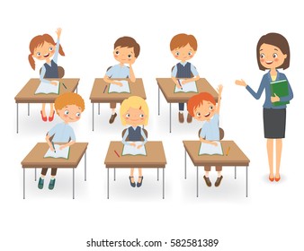 Teacher with pupils in a classroom at a lesson. Vector illustration on a white background