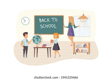 Teacher and pupils in classroom scene. Schoolchildren went back to school, studying at lessons. Primary Education, Knowledge Day concept. Vector illustration of people characters in flat design