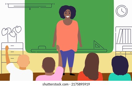 Lehrer mit Schülern im Klassenzimmer. Vektorgrafik.