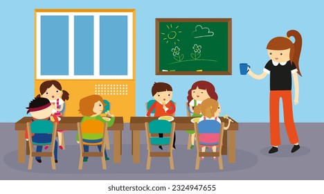 Teacher and pupils in the classroom vector illustration. Flat design.