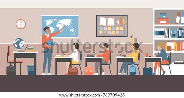 Teacher Pupils Multicultural Classroom She Pointing Stock Vector ...