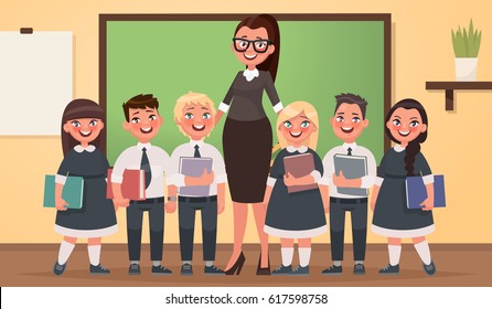 Teacher and pupils of primary school together in the classroom. Vector illustration in cartoon style