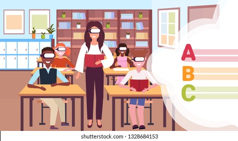 teacher with pupils reading book wearing digital glasses virtual reality letters headset vision education concept modern school classroom interior horizontal flat