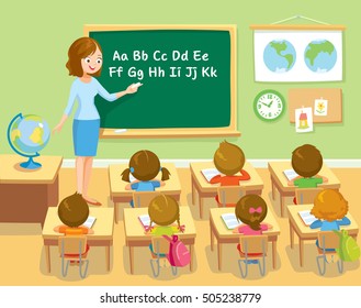 Teacher and pupils in school class  Education illustration. Vector interior. Teacher with pupils in a classroom. Primary school kids. Children listen 