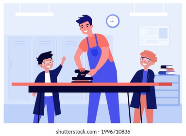 Teacher and pupils using plane during arts and crafts in school. Students getting new skills flat vector illustration. Education, equipment concept for banner, website design or landing web page