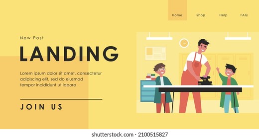 Teacher and pupils using plane during arts and crafts in school. Students getting new skills flat vector illustration. Education, equipment concept for banner, website design or landing web page