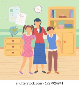 Teacher with pupils vector, friendly tutor with pupils flat style. School education and studying. Geography globe on shelf interior of room with books. Back to school concept. Flat cartoon