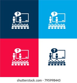 Teacher question to the class four color material and minimal icon logo set in red and blue