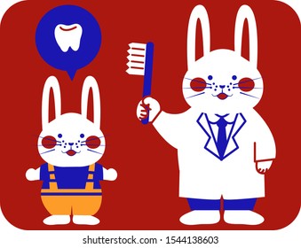 Teacher of rabbit dentist teaching tooth brushing to children.