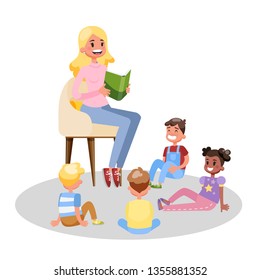 Teacher read book for group of preschool children. Class in the school. Children sitting on the floor smile and listen to story. Vector illustration in cartoon style