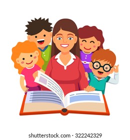 Teacher reading big book to a young little students. Flat style vector illustration isolated on white background.