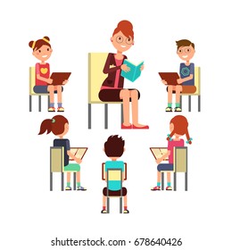 Teacher reading book to children that sitting around. Kids education vector concept. Education boy and girl on read lesson illustration