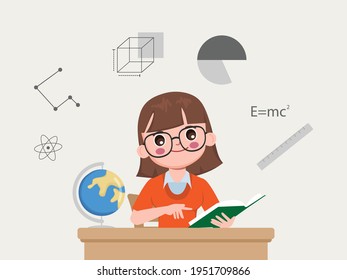 Teacher reading a book in the classroom character pose. Back to school concept cartoon background.