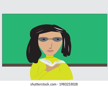 TEACHER READING A BOOK IN FRONT OF A BLACKBOARD