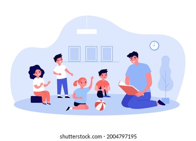 Teacher reading book to group of children. Flat vector illustration. Kids sitting on floor and listening to story, asking questions to man. Kindergarten, elementary school, reading, fairytale concept