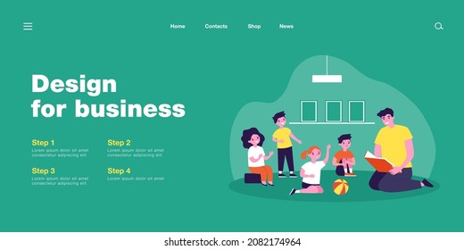 Teacher reading book to group of children. Flat vector illustration. Kids sitting on floor and listening to story, asking questions to man. Kindergarten, elementary school, reading, fairytale concept
