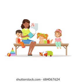 Teacher reading a book to kids while sitting on a bench, children enjoy listening, kids education and upbringing in preschool or kindergarten, colorful characters
