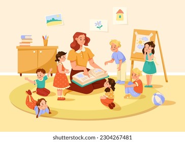 Teacher Reading Book with Little Kids in Kindergarten Listening to Fairytale Vector Illustration