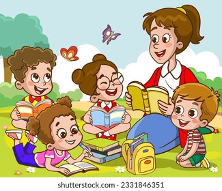 Teacher reading books to children.Children and teacher in the park vector illustration