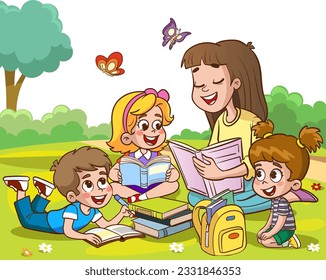 Teacher reading books to children.Children and teacher in the park vector illustration