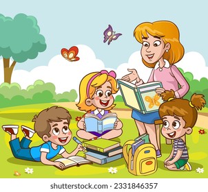 Teacher reading books to children.Children and teacher in the park vector illustration