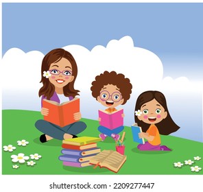 profesor leyendo libros en clase con estudiantes
