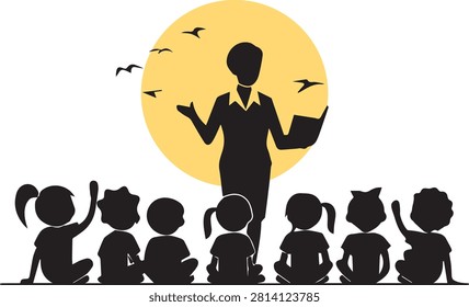 Teacher reading to children silhouette vector, classroom storytelling education illustration with students and sunset background