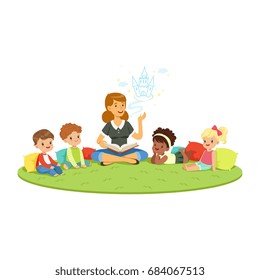 Teacher reading a fairytale to kids while sitiing on a carpet, childrens education and upbringing in school, preschool or kindergarten, colorful characters