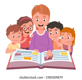 Teacher reading to kids aloud. Excited kindergarten or school children class listening to tutor teaching lesson point at book page. Curious children studying reading flat vector education illustration