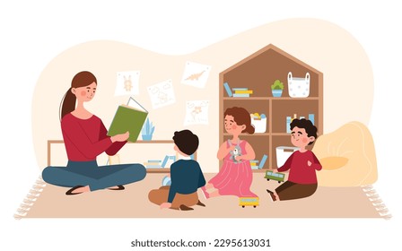 Teacher reading to kids. Woman sits with book and tells story to boys and girls. Kindergarten teacher or nanny, babysitter. Storyteller and teacher with children. Cartoon flat vector illustration