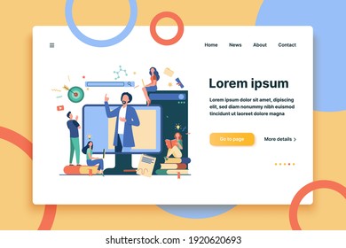 Lección de lectura de profesores en línea aislada ilustración de vector plano. Estudiantes aprendiendo lecciones a través de laptop y seminarios web de escucha. Concepto de educación y tecnología de la computación