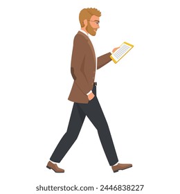 Teacher reading paper document, presentation on clipboard while walking vector illustration