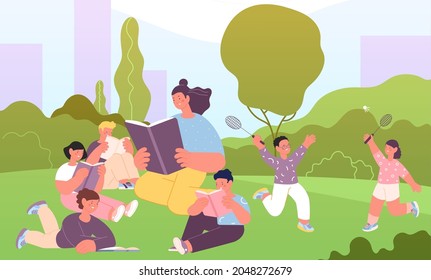 Teacher reading in park. Children listen book, kindergarten kids relax and study. Preschool group on nature, camping or outdoor lesson utter vector scene