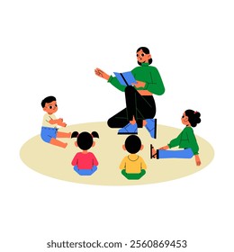 Teacher Reading Story To Children In Flat Vector Illustration Symbolizing Education, Learning, And Interaction, Isolated On White Background