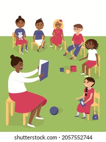 The teacher reads a book to children in kindergarten. African American, Asian and European children study together. Children sit on chairs and listen to a fairy tale. Flat vector illustration.