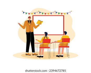 Teacher reads a story to elementary school students, they pay good attention, vector illustration.