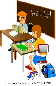 The teacher reads the textbook. Student solving a math problem
