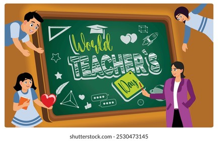 A teacher received congratulations from his students. Teacher and student standing in front of the blackboard. Teacher's day concept. Flat vector illustration.