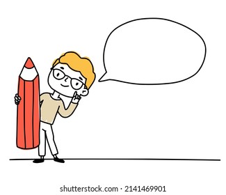 The teacher with a red pencil speaks in class, explains. A smart person on an isolated background for text.