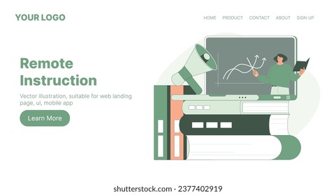Teacher Remote Instruction. Web Landing Page Design. Flat Cartoon Vector Illustration. Vector illustration, suitable for web landing page, ui, mobile app