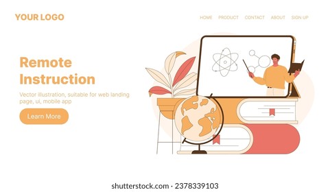 Teacher Remote Instruction. Web Landing Page Design. Flat Cartoon Vector Illustration. Vector illustration, suitable for web landing page, ui, mobile app