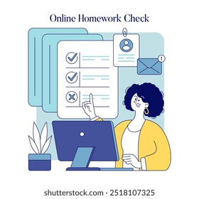 Teacher reviewing assignments online. A female educator checks homework digitally, marking student progress. Virtual education concept. Vector illustration.