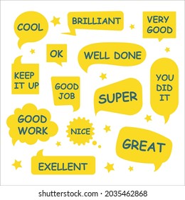 Teacher reward speech bubbles set. A sign of encouragement for school students. Vector illustration.