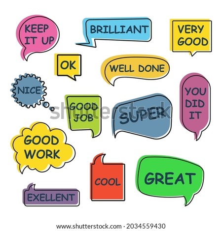 Teacher reward speech bubbles set. A sign of encouragement for school students. Vector illustration.