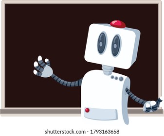 Teacher Robot in Front of a Blackboard Cartoon. Electronic learning with artificial intelligence support 
