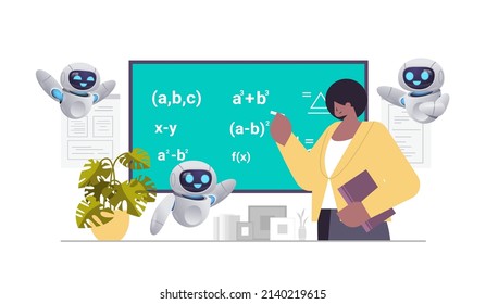 Teacher With Robots Solving Math Problem On Digital Chalkboard During Lesson Education Artificial Intelligence