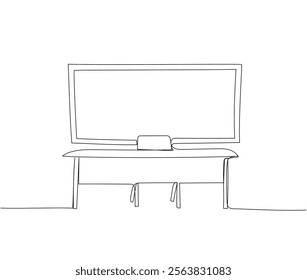 Teacher s desk and chair, school blackboard one line art. Continuous line drawing of online learning, education, knowledge, school furniture