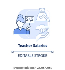 Teacher salaries light blue concept icon. Decreasing compensations. Education issue abstract idea thin line illustration. Isolated outline drawing. Editable stroke. Arial, Myriad Pro-Bold fonts used